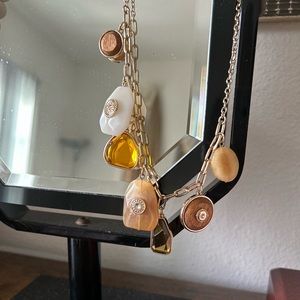 16” Wood, stone, glass gold tone necklace and earrings